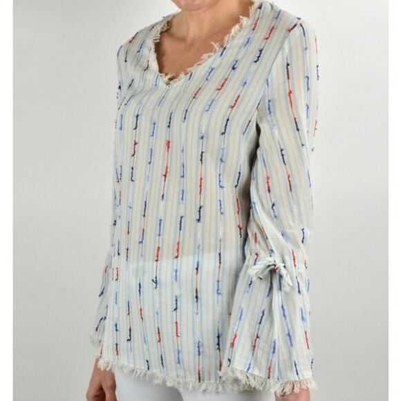 Anthropologie Tops - NEW XS DREW Brooklyn blouse, white with blue red stripes, bow sleeves, raw hems